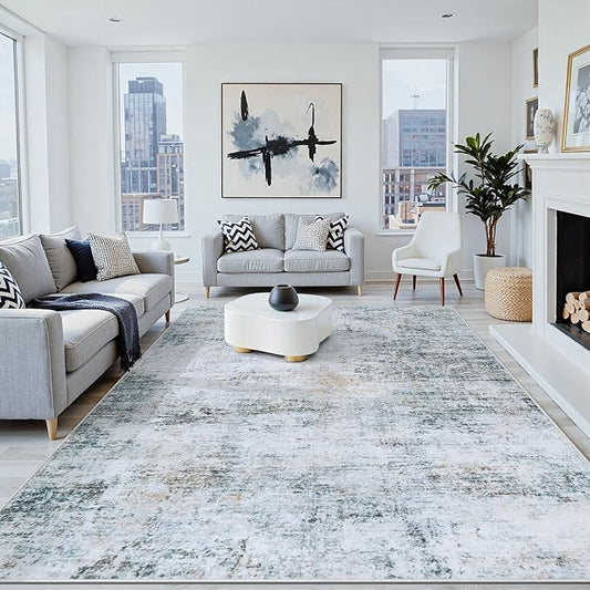 6x9 Area Rugs Washable Rug:Anti-Skid Abstract Modern Living Room Rug Soft Thin Carpets Indoor Floor Non-Shedding Carpet for Bedroom Dining Farmhouse Nursery Home Office(Blue/Grey/Gold/White, 6x9)