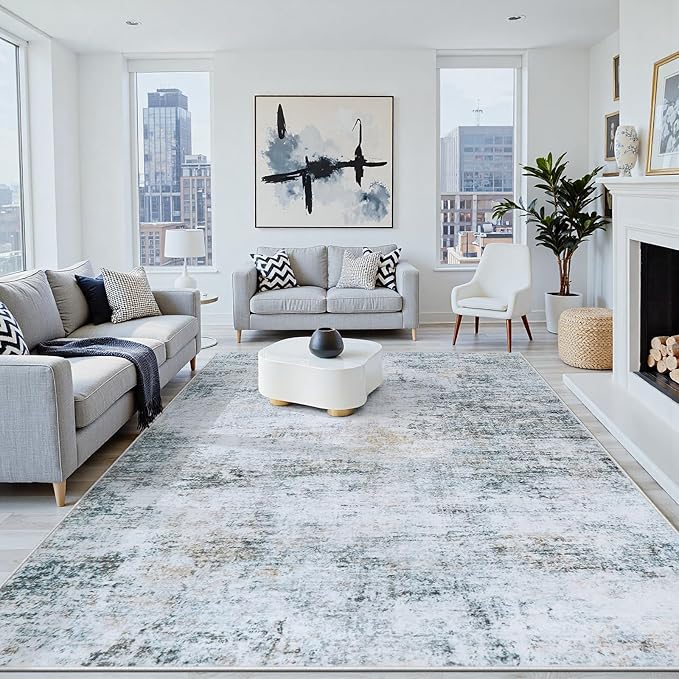 5x7 Area Rugs Washable Rug:Anti-Skid Abstract Modern Living Room Rug Soft Thin Carpets Indoor Floor Non-Shedding Carpet for Bedroom Dining Farmhouse Nursery Home Office(Blue/Grey/Gold/White, 5x7)