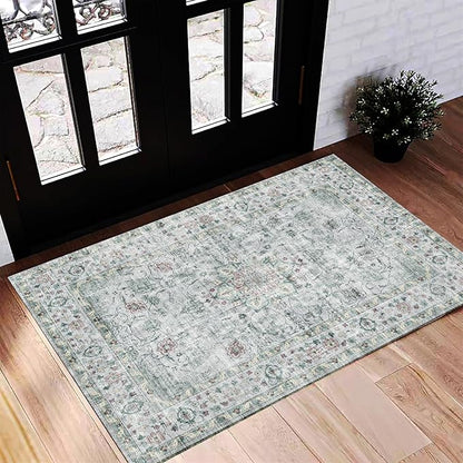 CHAMPLANT Washable Area Rug 2'x3' Door Mat Vintage Distressed Doormat Indoor Entrance Traditional Thin Rug Floral Print Non Slip Carpet for Kitchen Bathroom Bedroom Living Room