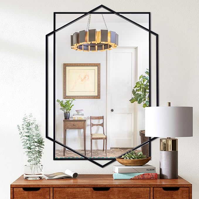 Black Decorative Mirror for Wall Decor, 32"x47" Modern Large Living Room Mirror with Hexagon and Rectangular Metal Frame for Bathroom, Entrance, Bedroom, Dining Room