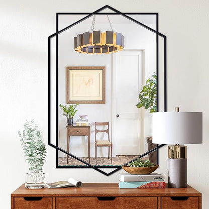 Black Decorative Mirror for Wall Decor, 32"x47" Modern Large Living Room Mirror with Hexagon and Rectangular Metal Frame for Bathroom, Entrance, Bedroom, Dining Room