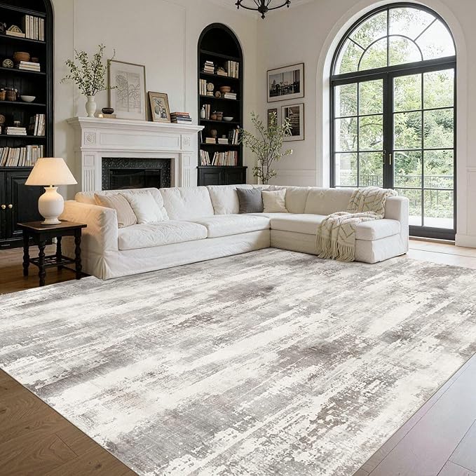 9x12 Area Rug for Living Room, Large Washable Rug, Soft Neutral Abstract Rug for Bedroom, Office, Farmhouse, Low Pile Imitation Wool Non Slip Carpet Ideal for High-Traffic Areas, Beige Taupe