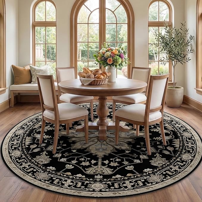 RELEANY Area Rugs Round 7ft Washable Non-Slip, Floral Vintage Distress Print Pattern Medallion Carpet for Living Room Bedroom Dining Room, Black Brown Neutral Dark Tan