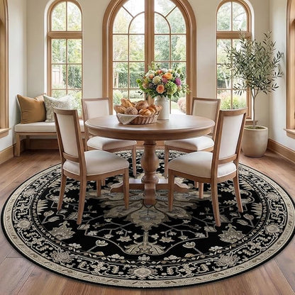 RELEANY Area Rugs Round 7ft Washable Non-Slip, Floral Vintage Distress Print Pattern Medallion Carpet for Living Room Bedroom Dining Room, Black Brown Neutral Dark Tan