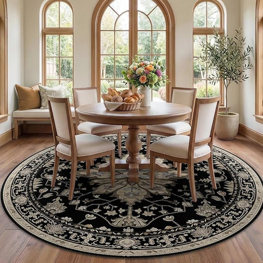 RELEANY Area Rugs Round 7ft Washable Non-Slip, Floral Vintage Distress Print Pattern Medallion Carpet for Living Room Bedroom Dining Room, Black Brown Neutral Dark Tan