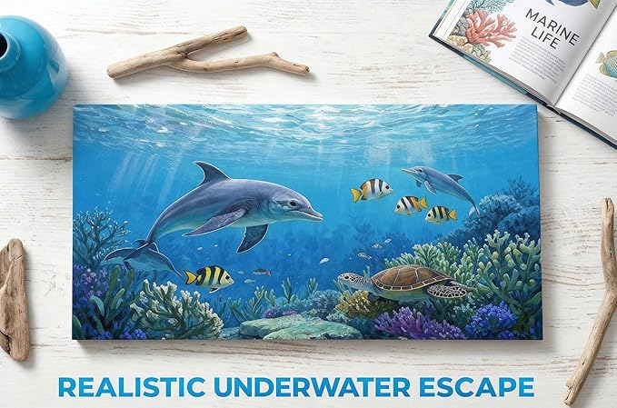 Ardemy Ocean Life Wall Art 40"x20" Picture, Waterproof Canvas Print with Dolphins and Sea Turtles, Underwater Scene for Bathroom, Kids Room, Living Room Coastal Decor