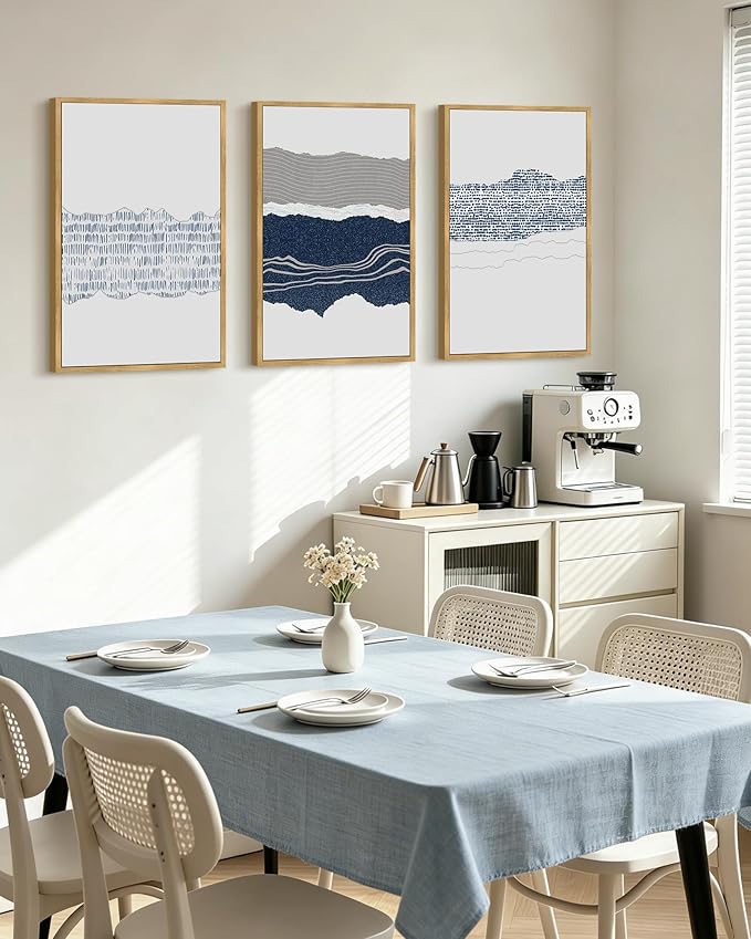 PHOPAGO Navy Blue Abstract Framed Wall Art Large 16x24in Mid Century Minimalist Boho Wall Decor Modern Neutral Farmhouse Rustic Art Bedroom Living Decor - Natural Framed