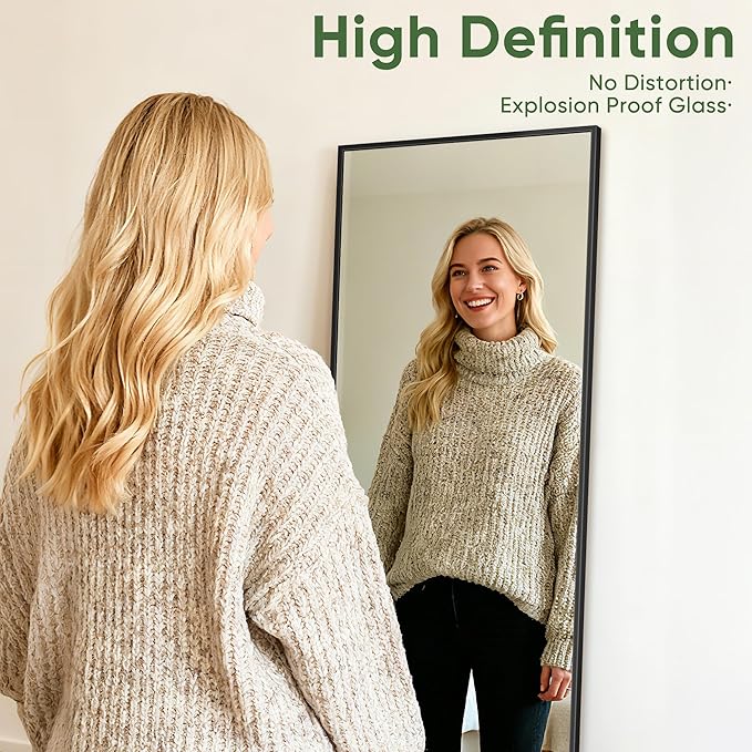 Suidia Full Length Mirror Over the Door&Wall Mounted, 48"x14" Door Mirror with Aluminum Alloy Frame, HD Shatterproof, No-Drill, Hanging Mirrors for Bedroom, Bathroom, Dorm, Closet, Rect, Black