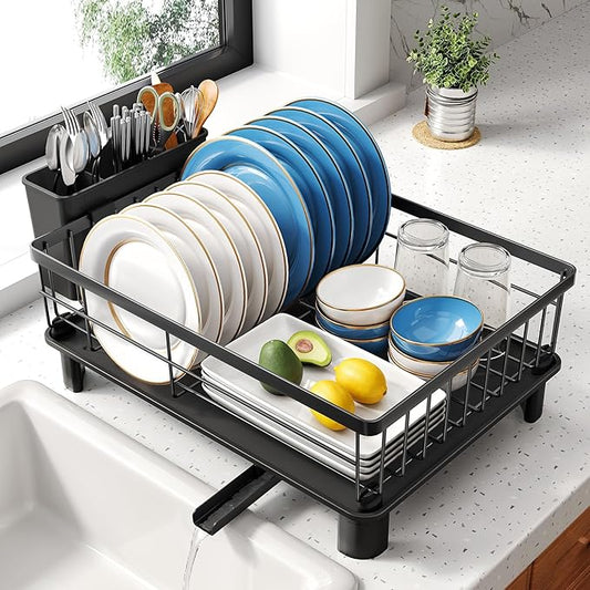 SNTD Dish Drying Rack - Space-Saving Dish Rack for Kitchen Counter, Stainless Steel Dish Drainer with Utensil Holder and Drainboard, 11" W x 15" L (Black)