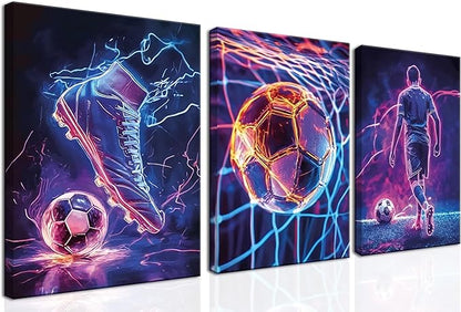 Cool Soccer Gaming Wall Art Set of 3, Neon Video Gamer Canvas Pictures, Colorful Soccer Game Painting Prints for Boys Room, Gaming Room Decor for Kids Gamer Room 12x16 inch Framed