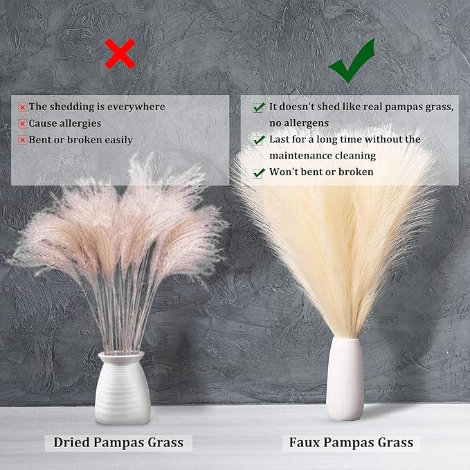 Pampas Grass Decor, Fluffy Faux Pampas Grass 6 Stem 18"/45cm Pompous Grass Small Flower Arrangement and Vase Filler for Boho Home Wedding Decoration (Dark Blue)