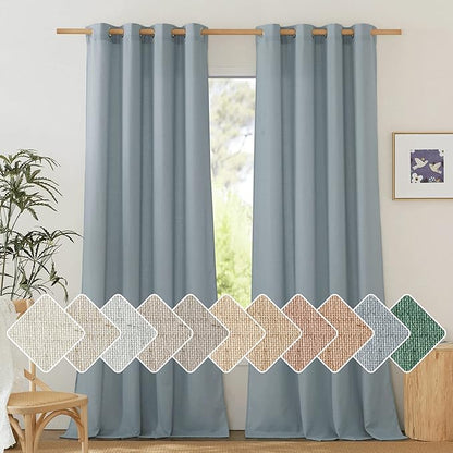 NICETOWN Stone Blue Linen Blend Textured Living Room Curtains, Grommet Top Thick Flax Semi Sheer Vertical Drapes Privacy Assured with Light Filtering for Bedroom, W55 x L84, 2 Pieces