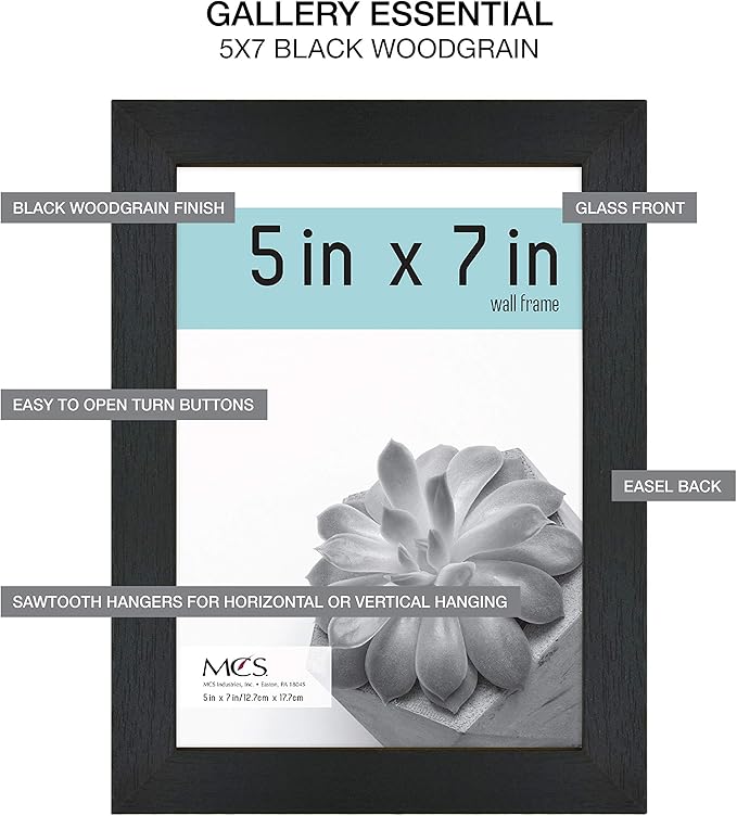 MCS Gallery Essential Picture Frame Set 4x6, 5x7 & 8x10 Black Woodgrain, Gallery Wall Vertical & Horizontal Hanging Frames for Photos & Art Prints (7-Pack)