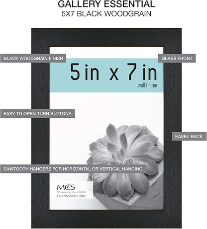 MCS Gallery Essential Picture Frame Set 4x6, 5x7 & 8x10 Black Woodgrain, Gallery Wall Vertical & Horizontal Hanging Frames for Photos & Art Prints (7-Pack)