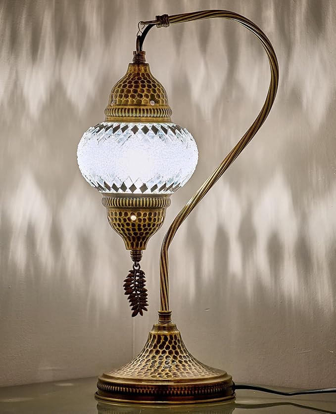 DEMMEX Turkish Moroccan Table Lamp, Swan Neck Tiffany Style Mosaic Glass Table Desk Bedside Lamp for Bedroom, Living Room – Handcrafted in Turkey, White Black