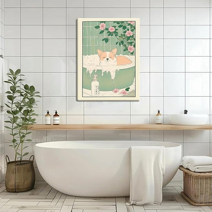 Framed Japanese Bathroom Wall Art Set of 2, Funny Japanese Bathroom Frog Dog Wall Decor, Nature Relaxation Canvas Prints Poster, Minimalist Aesthetic Home Spa Decor Picture 12x16 Inch