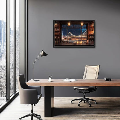 Brooklyn Bridge Large Wall Art for Living Room New York Nighttime Skyline Landscape Framed Pictures Canvas Decor City Prints Painting Extra Large Modern Artwork for Bedroom Office Kitchen 24"x36"