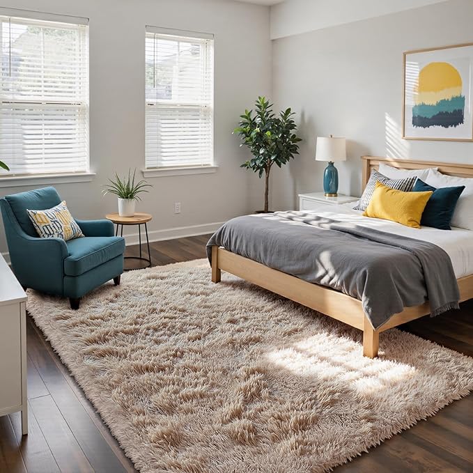 yongyangjuxin Fluffy Rug Shag Area Rug, Beige 6x9 Area Rugs for Living Room, Large Shag Area Rugs for Bedroom Kids Room Home Decor, Upgrade Anti-Skid Rectangular Fuzzy Rugs