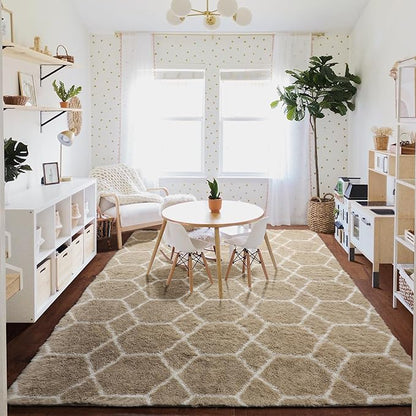 ONASAR 5x7 Area Rugs for Living Room Bedroom, Fluffy Beige and White Shag Rug, Geometric Boho Soft Plush Shaggy Floor Carpet Mat for Nursery Kids Girls Boys Teen Dorm Home Decor Aesthetic