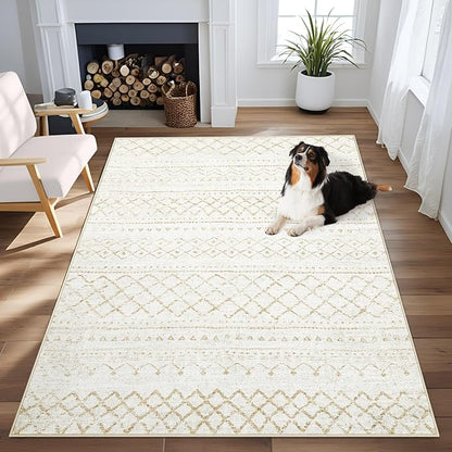 Area Rug 4x6 Geometric Rugs: Washable Boho Moroccan Rug Modern Neutral Stain Resistant Rugs Soft Farmhouse Indoor Floor Carpet for Living Room Bedroom Dining Table Nursery(Beige,4X6)