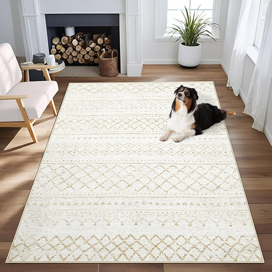 Area Rug 4x6 Geometric Rugs: Washable Boho Moroccan Rug Modern Neutral Stain Resistant Rugs Soft Farmhouse Indoor Floor Carpet for Living Room Bedroom Dining Table Nursery(Beige,4X6)