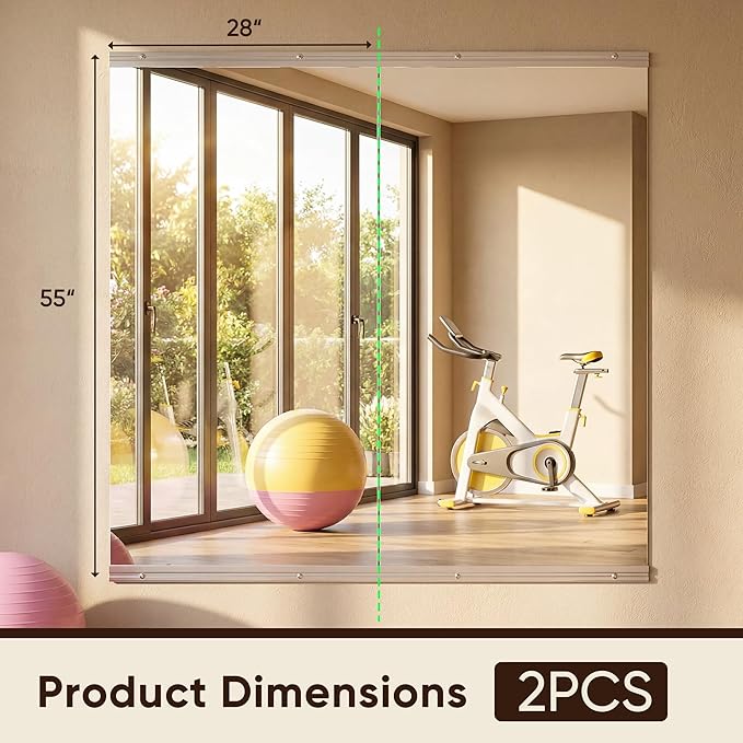 Antok Home Gym Mirror 55"x28" 2PCS, Large Full Length Wall Mounted Mirrors, Frameless Tempered Glass Full Body Mirror for Gym Yoga Dance Studio Garage Bedroom & Bathroom