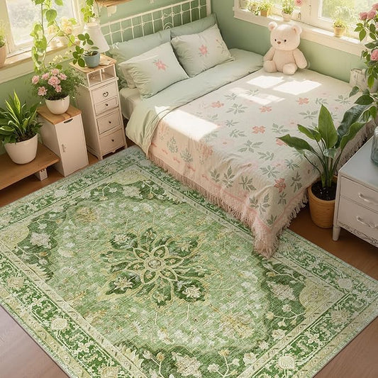 RELEANY Area Rugs 6'x9' Washable Non-Slip, Floral Vintage Distress Print Pattern Medallion Carpet for Living Room Bedroom Dining Room, Sage Green Yellow