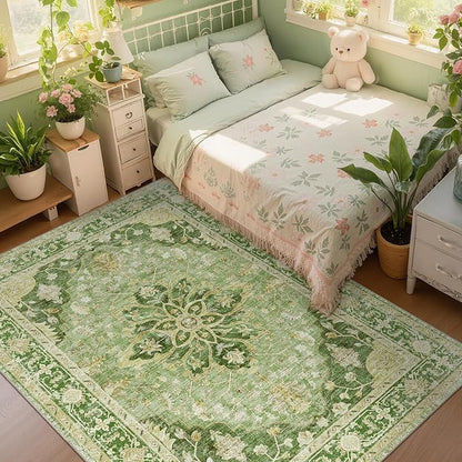RELEANY Area Rugs 8'x10' Washable Non-Slip, Floral Vintage Distress Print Pattern Medallion Carpet for Living Room Bedroom Dining Room, Sage Green Yellow
