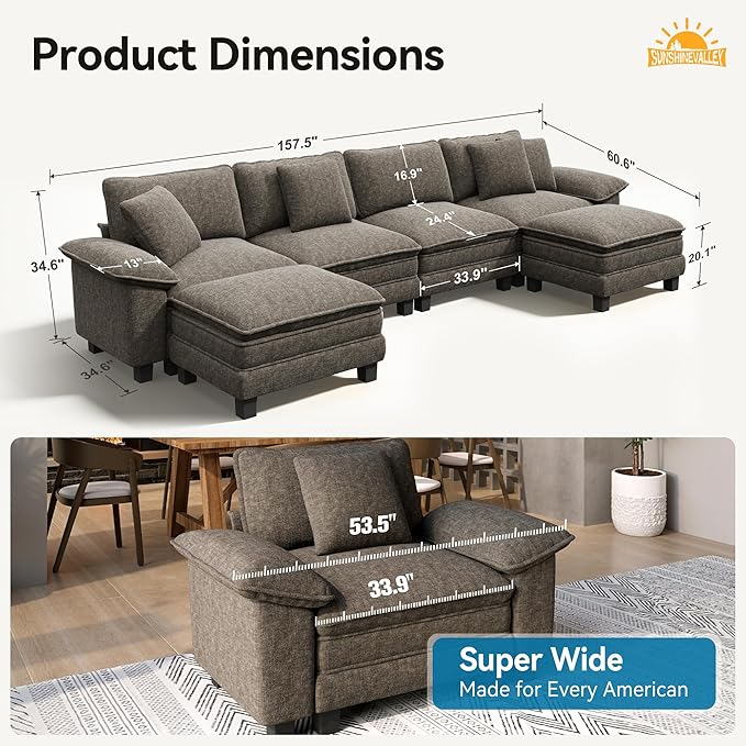 SUNSHINE VALLEY U Shaped Modular Cloud Couch, 157.5'' Oversized Chenille Sectional Sofa with Wider Armrest and Ottoman, Upholstered 6-Seat Modern Deep Seat for Bedroom Living Room, Smoky Grey