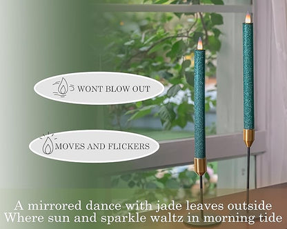 Flameless Taper Candles Flickering with Remote and Timer, 3D Moving Flame Taper Candle Battery Operated to 400 Hours, 9 Inch Window Candles, (Glitter Green)