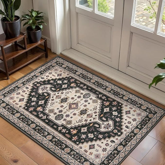 Tangsoo 2x3 Rugs for Entryway, Vintage Washable Indoor Area Rug,Boho Non-Slip Soft Low-Pile Small Entry Rug Door Mat Black and Gold Entrance Carpets for Kitchen Bathroom Bedroom