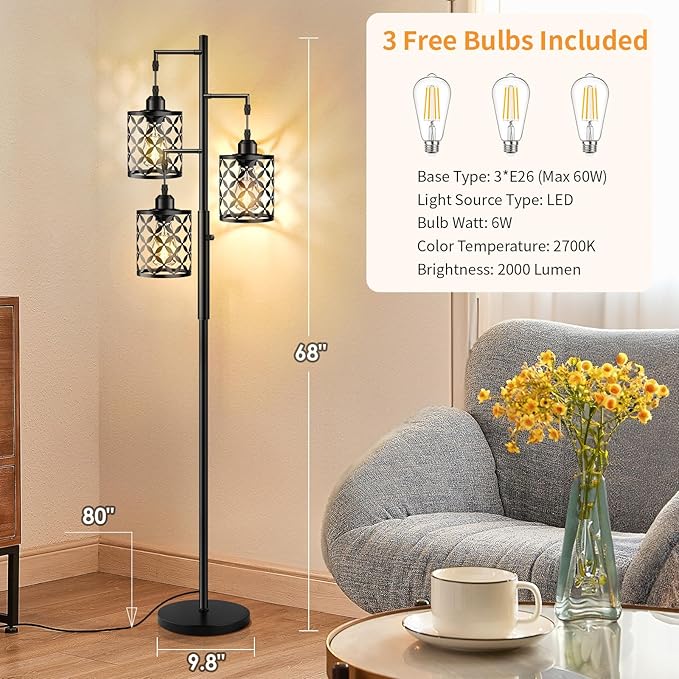 Dimmable Floor Lamp, Farmhouse Standing Lamp with Elegant Metal Cage, Industrial Tall Tree Floor Lamps for Living Room, Bedroom, Study Room, Office, 2000LM LED Bulbs Included - 68", Black