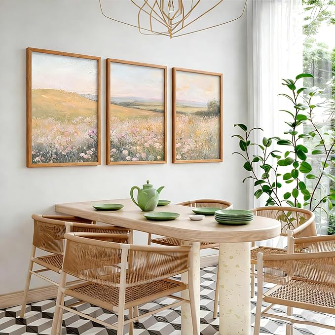 3Pcs Floral Landscape Canvas Wall Art French Country Painting Picture Wall Decor Vintage Country Wildflower Print Farmhouse Poster Artwork for Office Living Room Bedroom Home Decoration Unframed