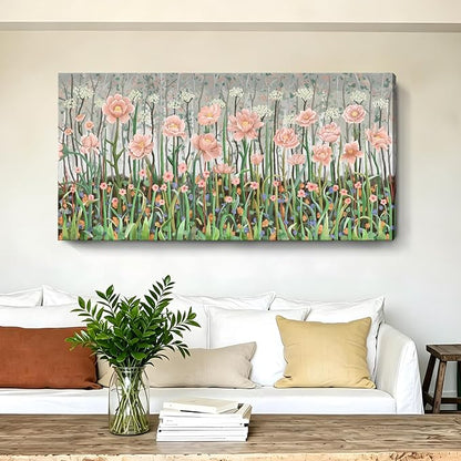 Large Pink Green And White Plant Wall Art For The Living Room， Natural Landscape Wildflower Canvas Print Picture， Modern Country Style Artwork For Living Rooms, Bedrooms, Kitchens, Dining Rooms, And Hallways. 48X24 Inches.