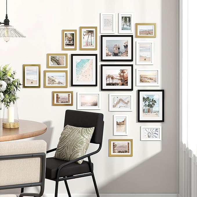 Venusmiles 20 Pack Picture Frames Collage Wall Decor, Gallery Frame Set for Wall Mounting or Tabletop Display, Multi Sizes Including 4pcs 8x10, 8pcs 5x7, 8pcs 4x6, Black+White+Gold