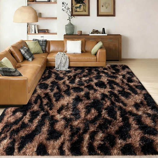 Shag Rugs for Living Room 5x7, Ultra Soft Tie-Dyed Brown Leopard Big Fuzzy Rugs for Bedroom, 5 x 7 Fluffy Shaggy Plush Cheetah Carpet Kids Room Dorm Upgrade Non-Slip