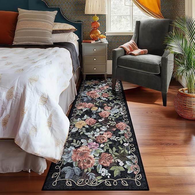 2x6 Machine Washable Runner Rug, Kitchen Hallway Area Rug Dark Blue Black Vintage Boho Floral Ultra Non-Slip Low Pile Soft Faux Wool Carpet Kids and Pets Friendly for Bedroom Entryway Nursery Home Rug