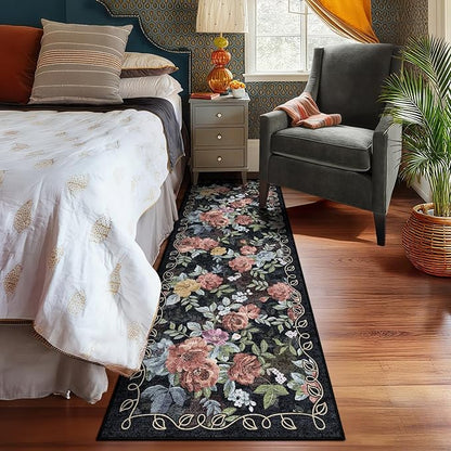 2x6 Machine Washable Runner Rug, Kitchen Hallway Area Rug Dark Blue Black Vintage Boho Floral Ultra Non-Slip Low Pile Soft Faux Wool Carpet Kids and Pets Friendly for Bedroom Entryway Nursery Home Rug