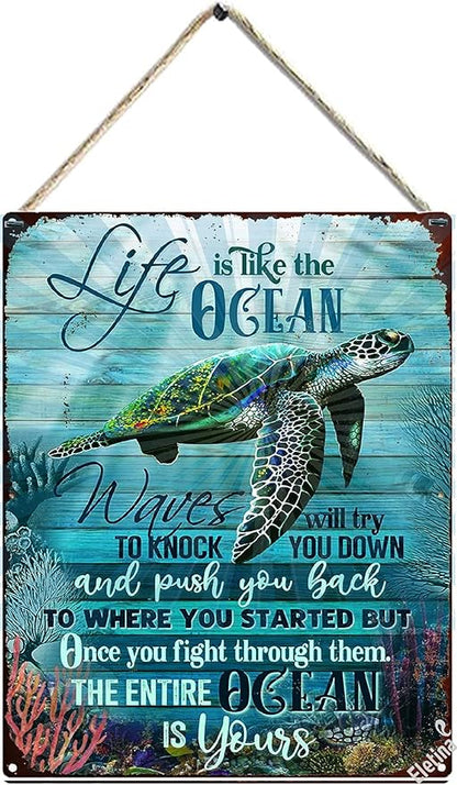 Vintage Metal Tin Sign Sea Turtle Bathroom Decor Sea Turtle Life is Like The Ocean Poster Sign for Bathroom Funny Wall Art Decoration Retro Aluminum Sign 8x12 INCH