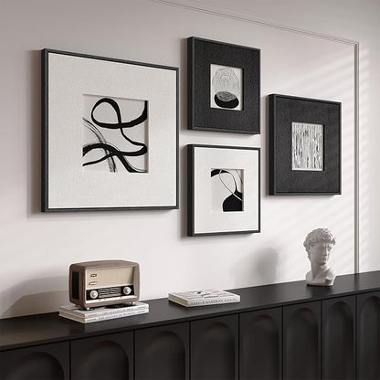 Framed 3D Textured Black and White Abstract Wall Art for Living Room, 4 Piece Modern Paintings Artwork for Walls, Black White Minimalist Pictures for Bedroom Dining Room Hallway Home Office Wall Decor