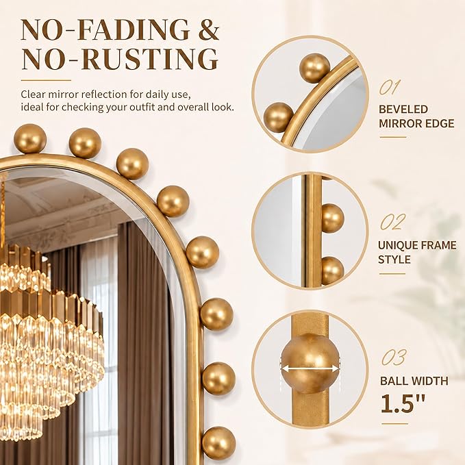 Oval Full-Length Wall Mounted Mirror 20" x 51", Antique Gold Beaded Beveled Mirror with Ball Frame, Vertical & Horizontal Hanging Wall Mirror for Bathroom, Bedroom, Dressing Room, Entryway