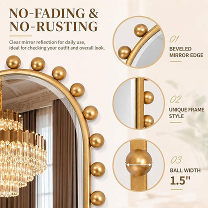 Oval Full-Length Wall Mounted Mirror 20" x 51", Antique Gold Beaded Beveled Mirror with Ball Frame, Vertical & Horizontal Hanging Wall Mirror for Bathroom, Bedroom, Dressing Room, Entryway