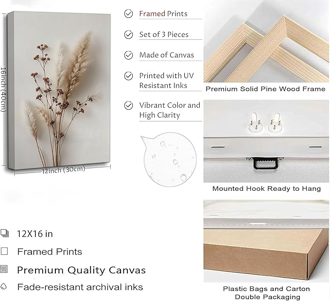 3Pcs Beige Neutral Floral Botanical Canvas Wall Art Modern Minimalist Beige Flower Plant Painting Wall Decor Poster Print Artwork for Living Room Bedroom Bathroom Home Decortion