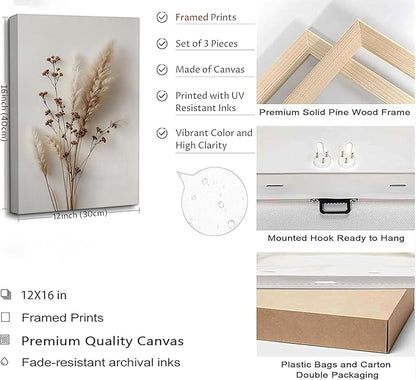 3Pcs Beige Neutral Floral Botanical Canvas Wall Art Modern Minimalist Beige Flower Plant Painting Wall Decor Poster Print Artwork for Living Room Bedroom Bathroom Home Decortion