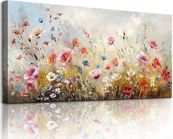crmotu Large Wall Art for Living Room, Flower Market Botanical Prints, Floral Nature Decor Canvas Pictures, Meadow Wildflower Rustic Home Decorations, Modern Bedroom Farmhouse Wall Decor 29"X57"