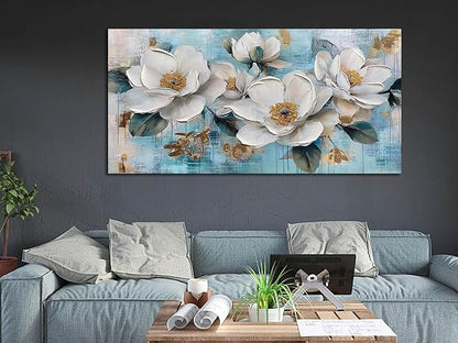 Ardemy Flower Wall Art for Living Room White Floral Canvas Art Wall Decor, Magnolia Teal Picture Textured Painting Turquoise Framed Artwork Bedroom Dining Room Kitchen Home Office 40"x20"