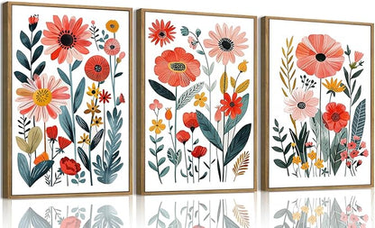 KISSFOX Colorful Wildflower Canvas Wall Art Set Of 3 Flowers Pictures Prints Flowers Printing Floral Watercolors Flower wall Decor Living Room Girls Bedroom Bathroom (Blue Orange, 12"x16" Natural Framed, Framed)