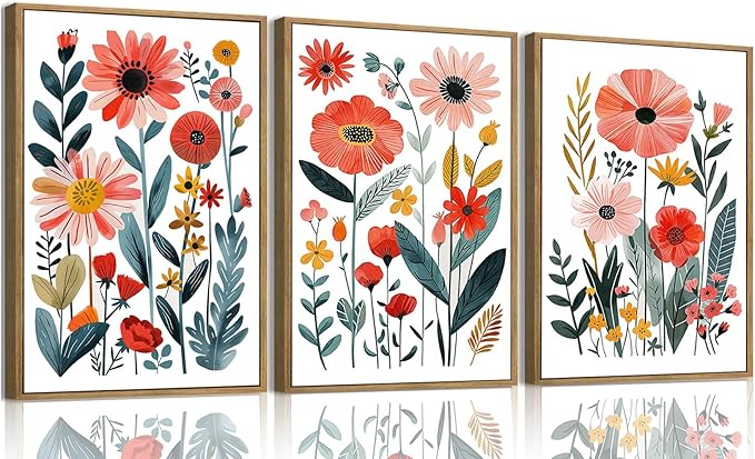 KISSFOX Framed Colorful Wildflower Canvas Wall Art Set Of 3 Flowers Pictures Prints Flowers Printing Floral Watercolors Flower wall Decor Living Room Girls Bedroom Bathroom