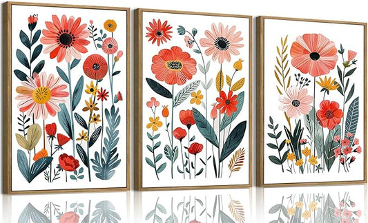 KISSFOX Framed Colorful Wildflower Canvas Wall Art Set Of 3 Flowers Pictures Prints Flowers Printing Floral Watercolors Flower wall Decor Living Room Girls Bedroom Bathroom