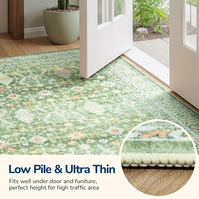 Lessymo 5x7 Washable Area Rug with Non Slip Backing,Soft Boho Indoor Carpets for Living Room Bedroom Nursery, Kid and Pet Friendly, Light Green